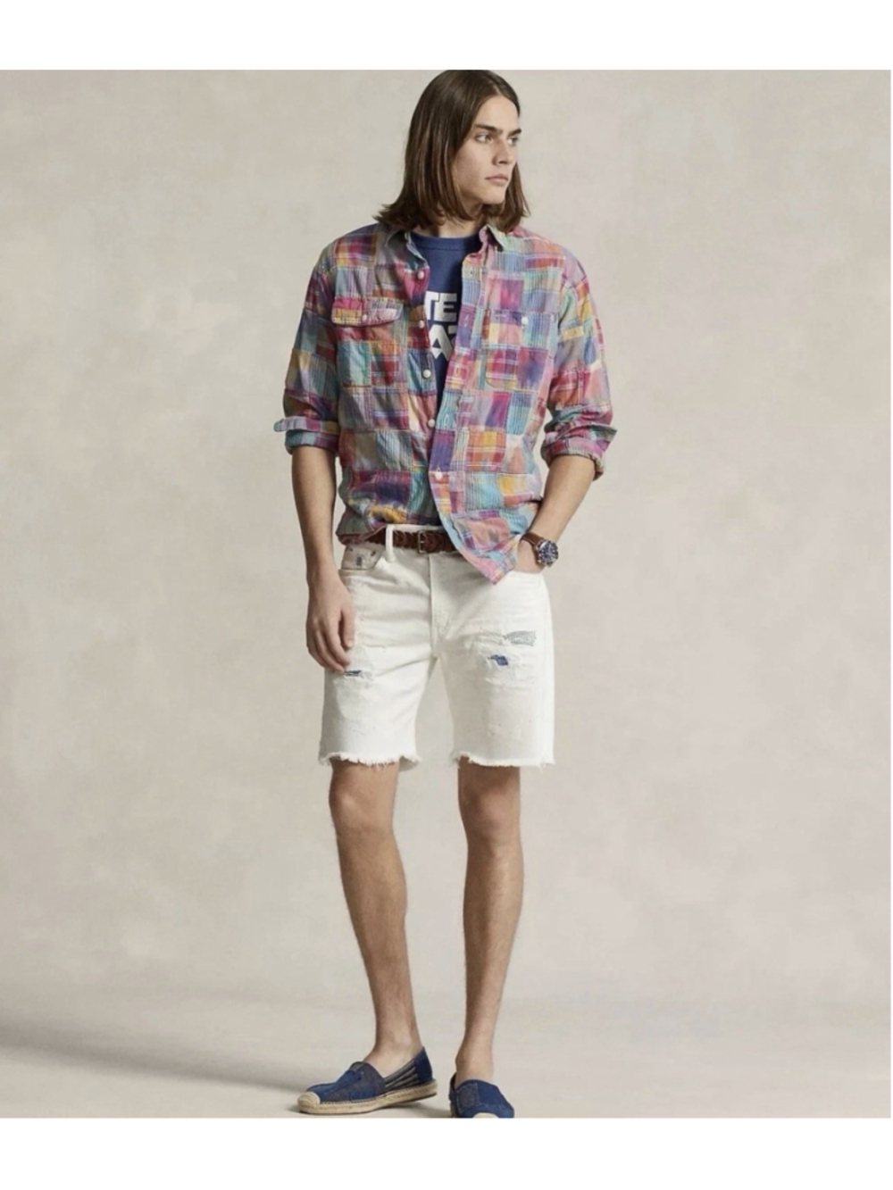 Polo Ralph Lauren Mens Varick Slim Straight Shorts White Distressed Size 32 x 7